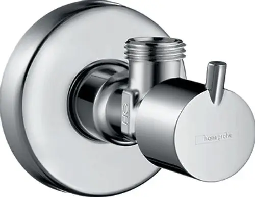 Chromfarbenes Eckventil von Hansgrohe mit runder Wandplatte und drehbarem Hebel. Verbindungsarmatur zur Wasserführung, geeignet für Wandmontage.